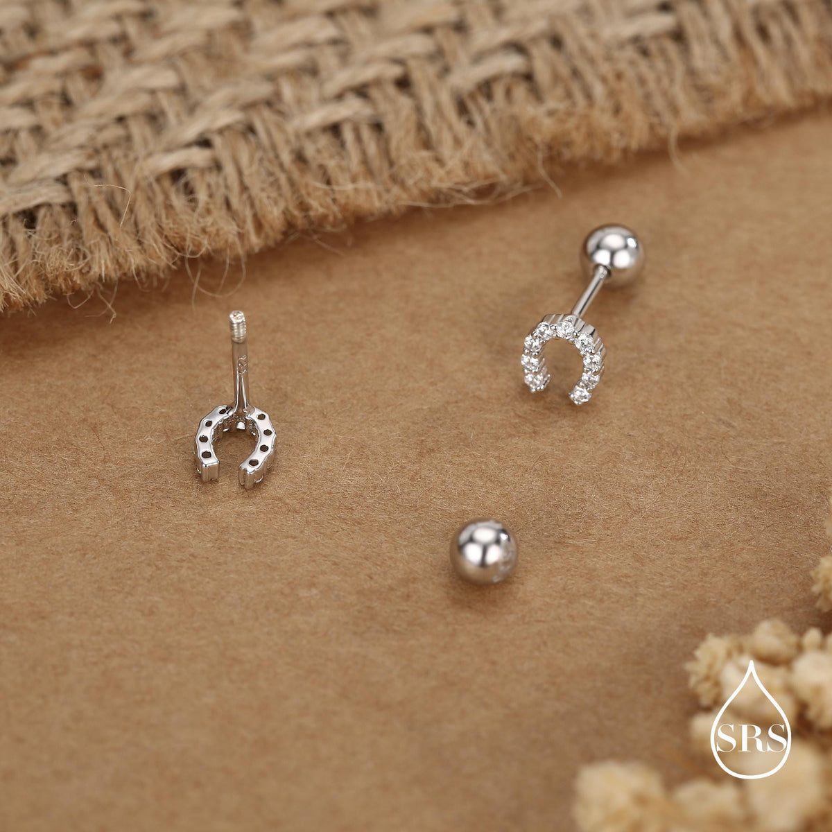 Sterling Silver CZ Horseshoe 18G Screw Back Stud Earrings with Ball Backs