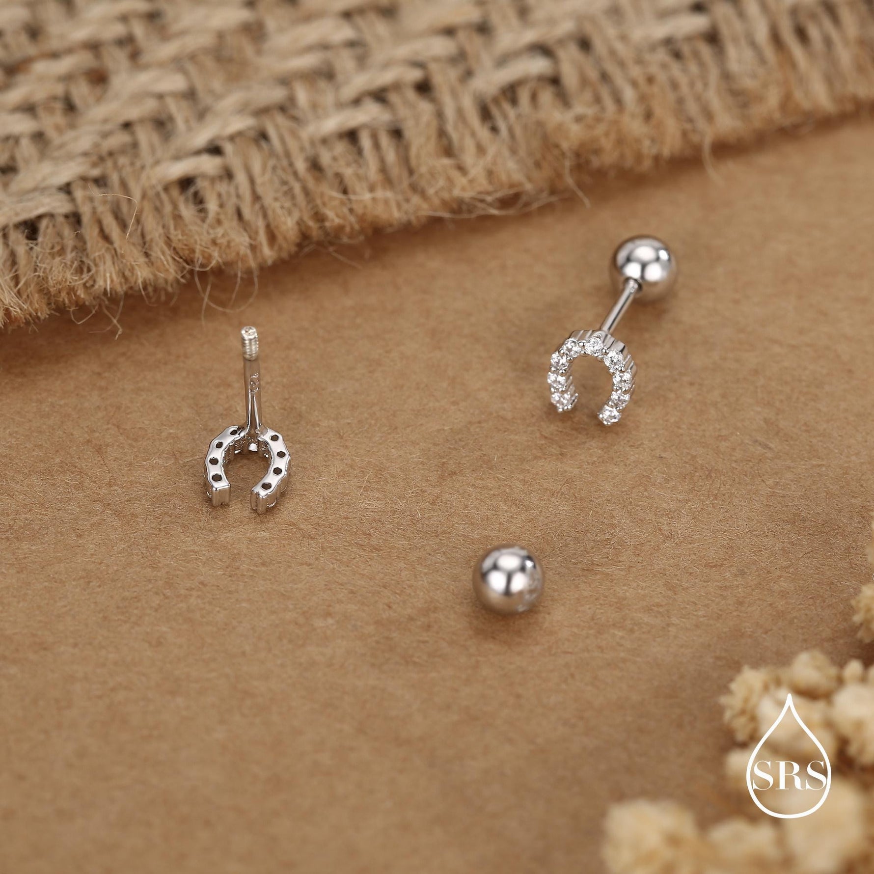 Sterling Silver CZ Horseshoe 18G Screw Back Stud Earrings with Ball Backs