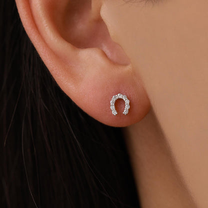 Sterling Silver CZ Horseshoe 18G Screw Back Stud Earrings with Ball Backs