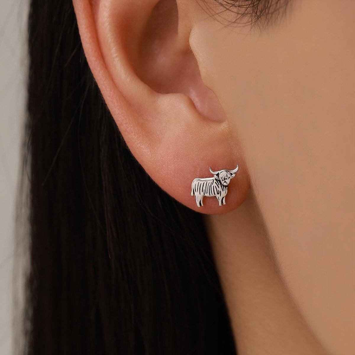 Small Pair of Highland Cow Internally Threaded Flat Back Earrings in Sterling Silver