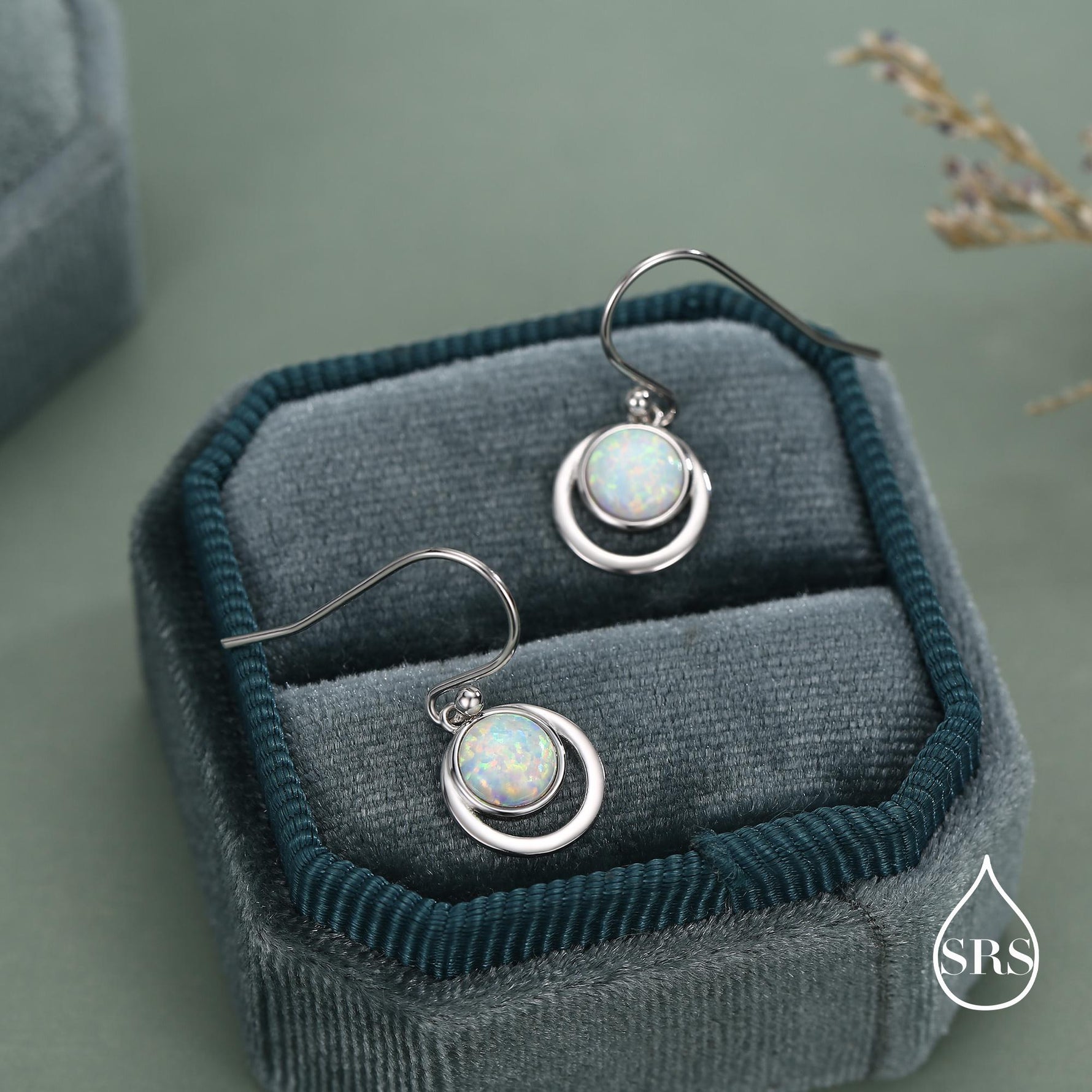Opal and Circle Drop Hook Earrings in Sterling Silver, Delicate Fire Opal Geometric Earrings, Opal Coin Earrings