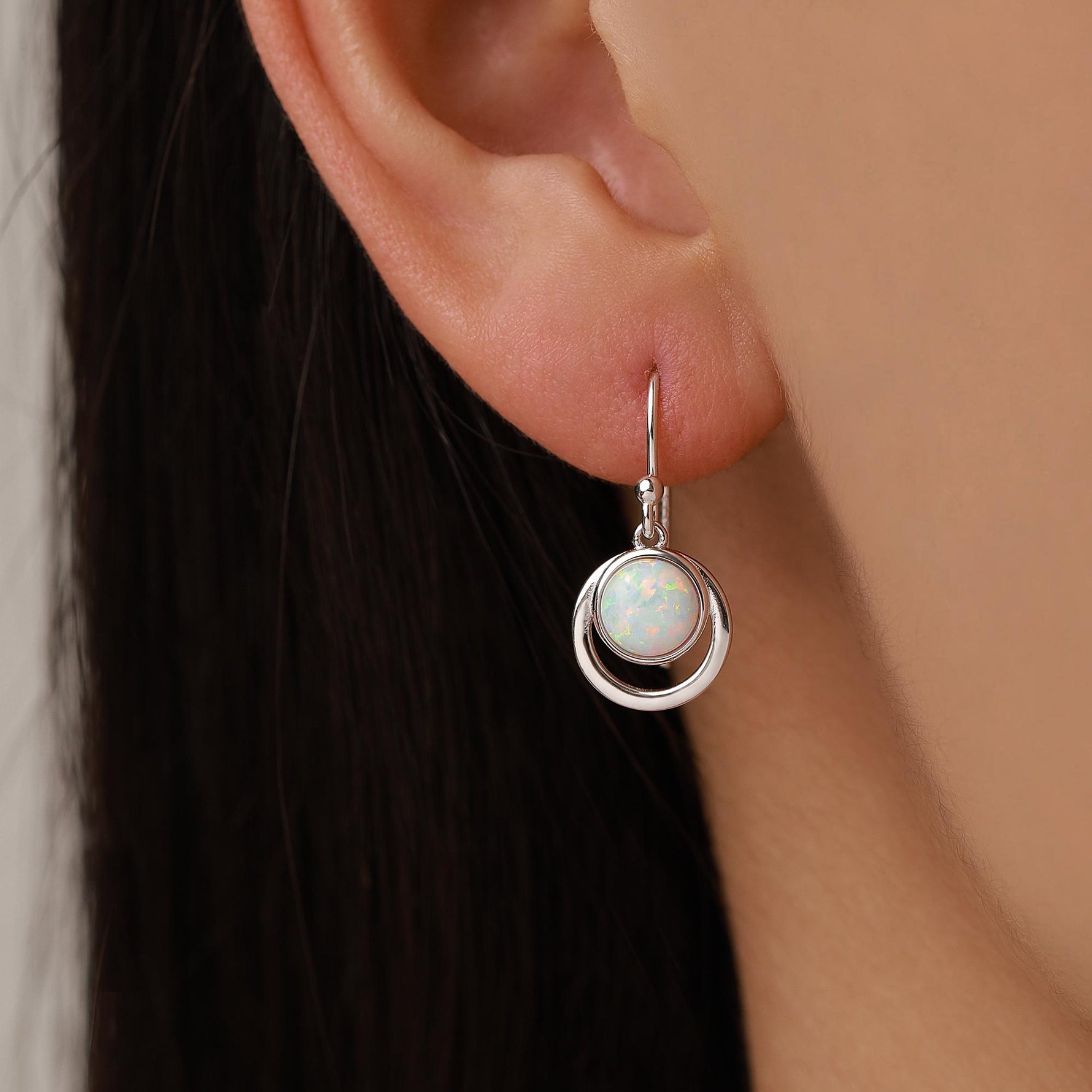 Opal and Circle Drop Hook Earrings in Sterling Silver, Delicate Fire Opal Geometric Earrings, Opal Coin Earrings