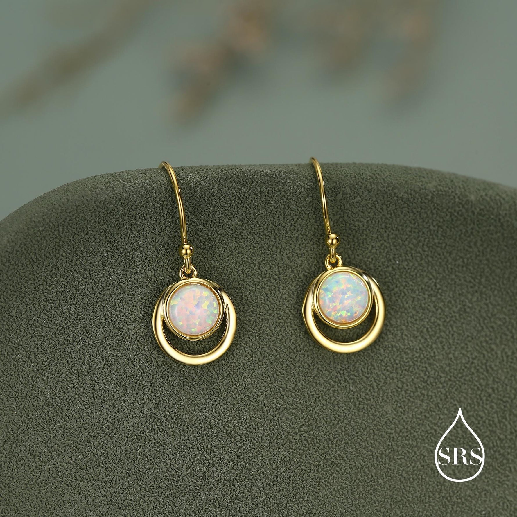 Opal and Circle Drop Hook Earrings in Sterling Silver, Delicate Fire Opal Geometric Earrings, Opal Coin Earrings