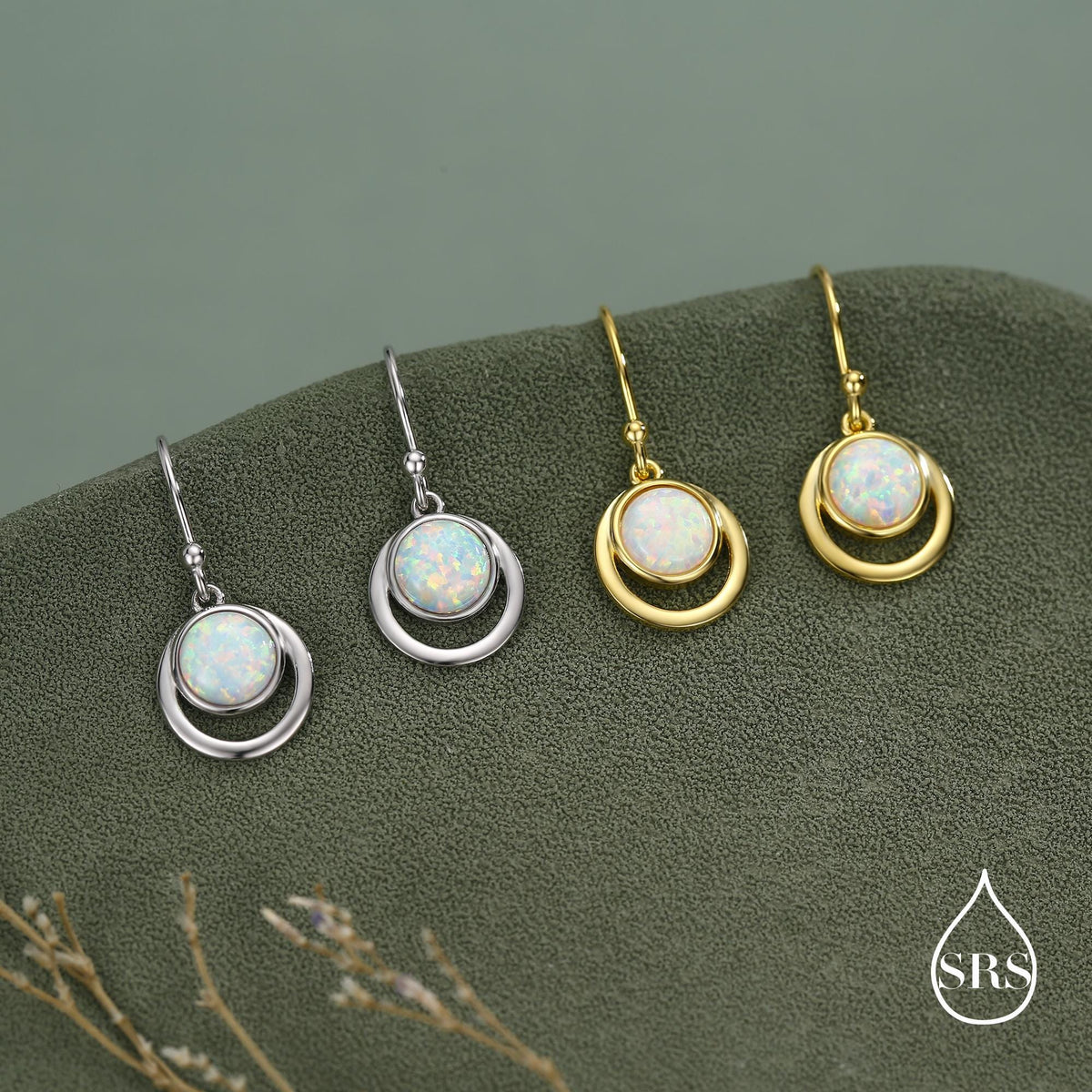 Opal and Circle Drop Hook Earrings in Sterling Silver, Delicate Fire Opal Geometric Earrings, Opal Coin Earrings