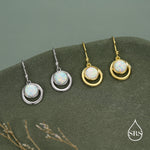 Opal and Circle Drop Hook Earrings in Sterling Silver, Delicate Fire Opal Geometric Earrings, Opal Coin Earrings