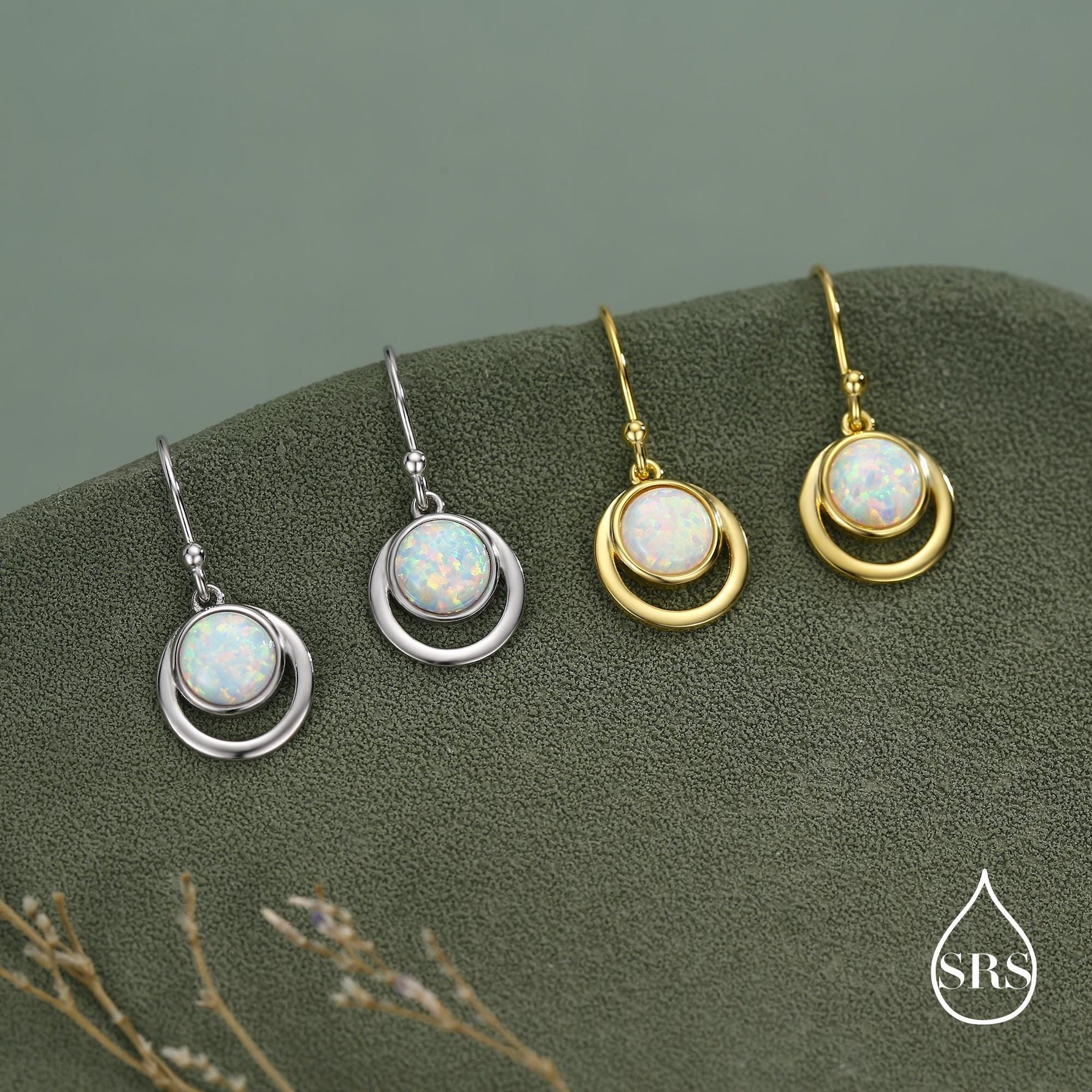 Opal and Circle Drop Hook Earrings in Sterling Silver, Delicate Fire Opal Geometric Earrings, Opal Coin Earrings