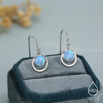 Blue Opal and Circle Drop Hook Earrings in Sterling Silver, Delicate Blue Opal Geometric Earrings, Opal Coin Earrings