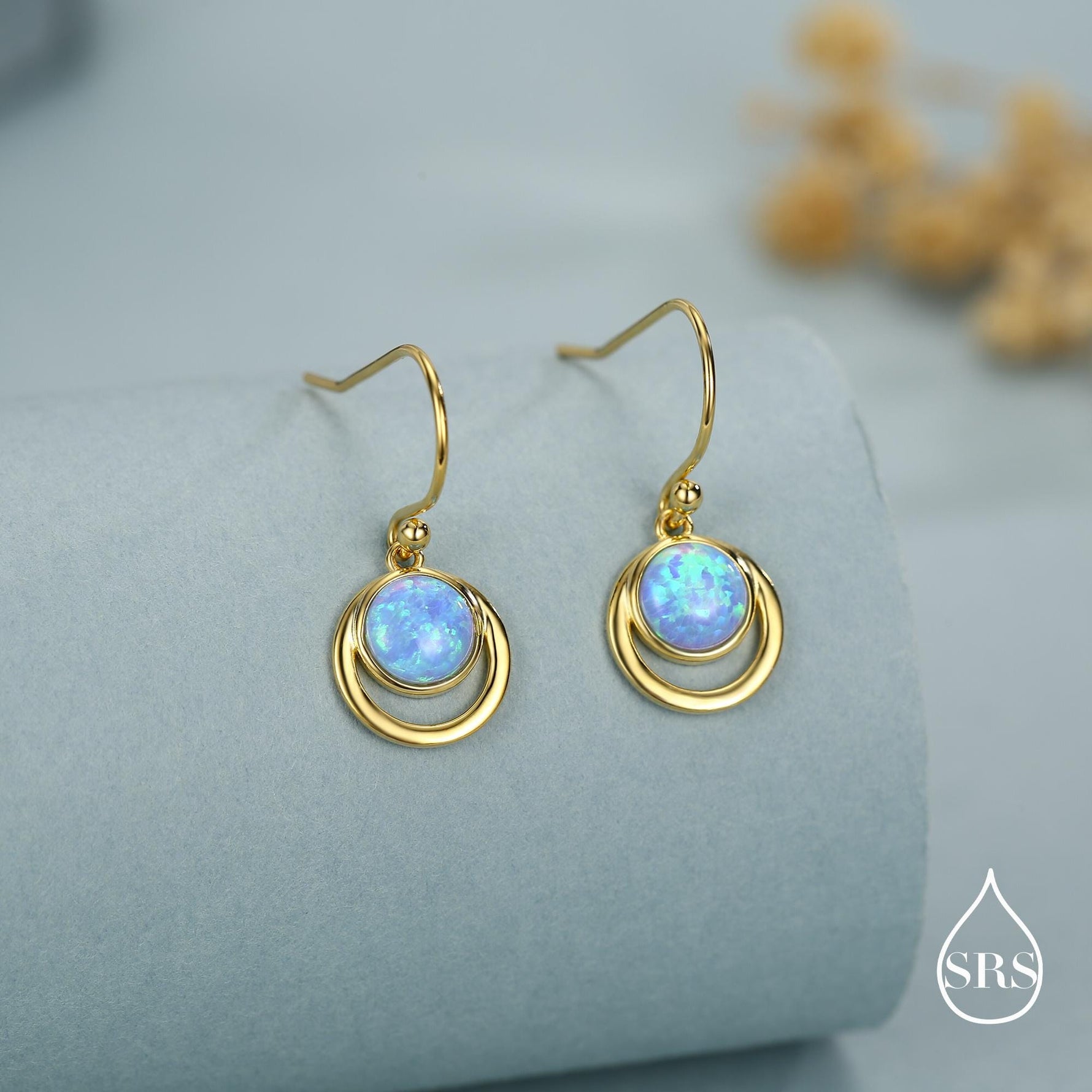 Blue Opal and Circle Drop Hook Earrings in Sterling Silver, Delicate Blue Opal Geometric Earrings, Opal Coin Earrings