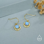 Blue Opal and Circle Drop Hook Earrings in Sterling Silver, Delicate Blue Opal Geometric Earrings, Opal Coin Earrings