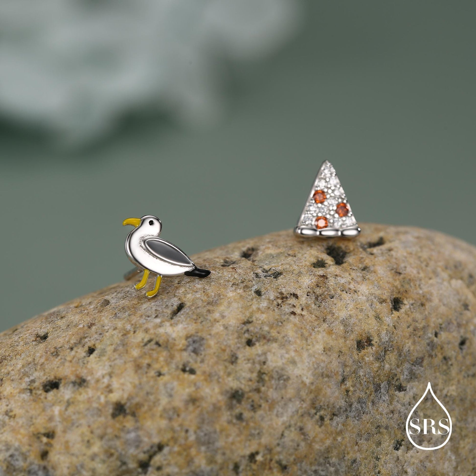 Sterling Silver Mismatched Pizza Slice and Seagull Stud Earrings – Fun Food & Bird Jewellery