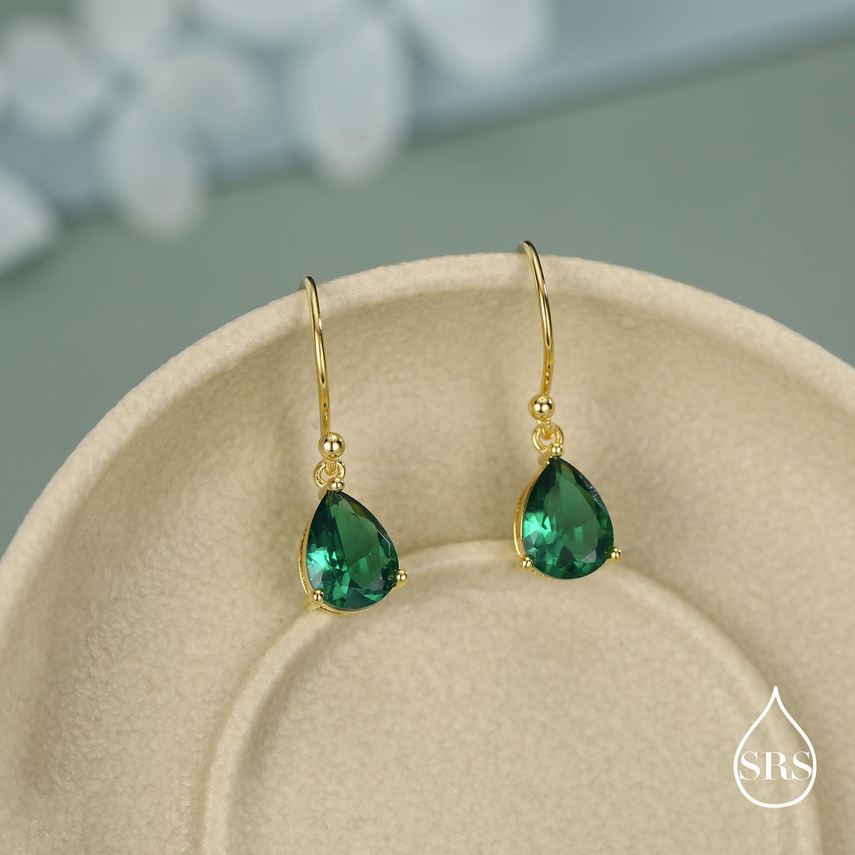 Emerald Green Pear Cut CZ Drop Earrings in Sterling Silver, Silver or Gold, Minimalist Droplet Dangle Earrings, Drop Earrings