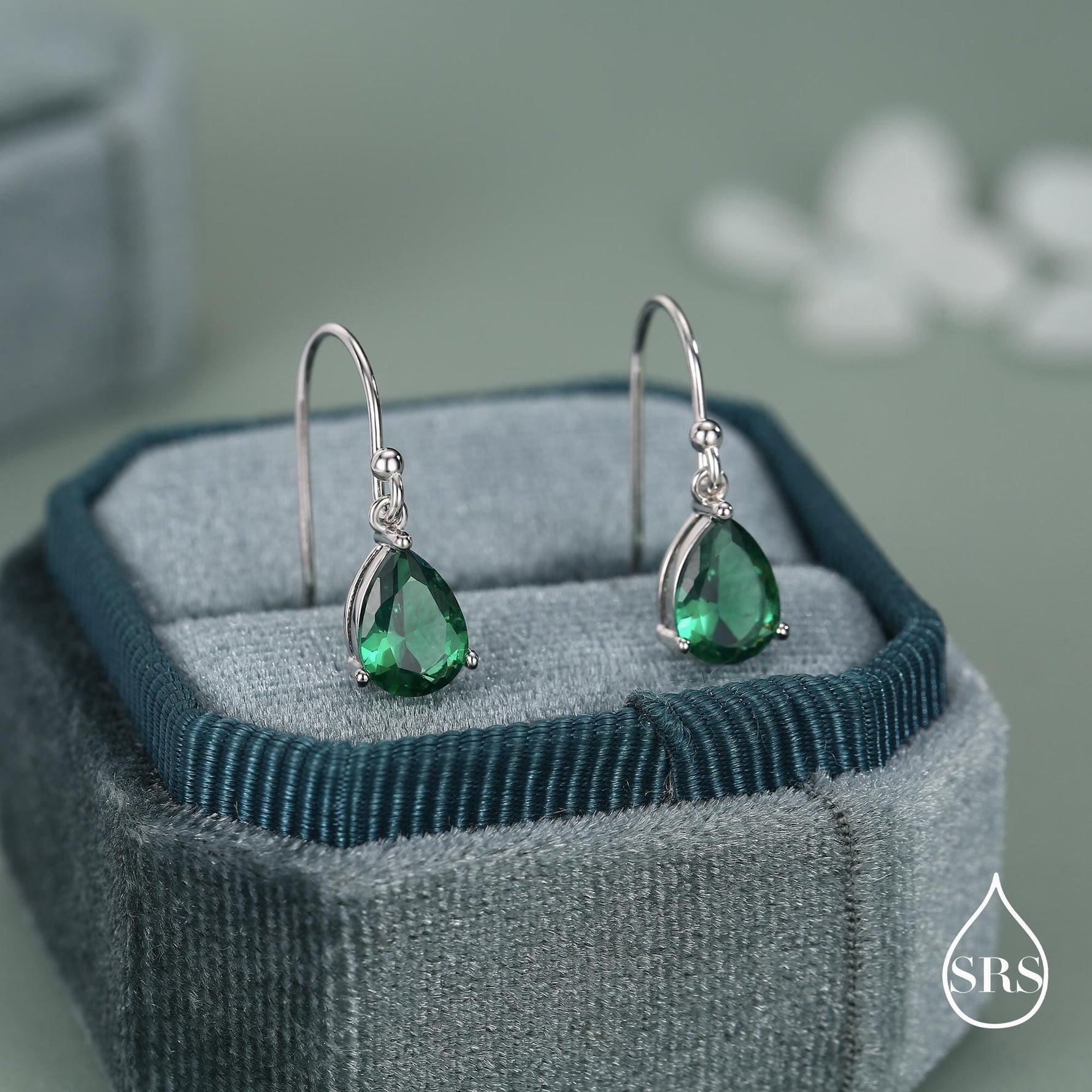 Emerald Green Pear Cut CZ Drop Earrings in Sterling Silver, Silver or Gold, Minimalist Droplet Dangle Earrings, Drop Earrings