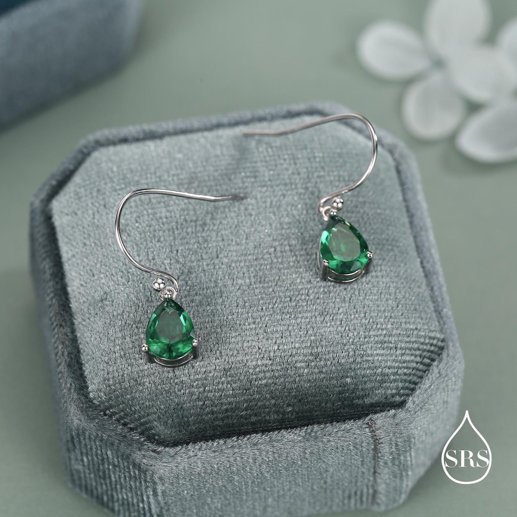 Emerald Green Pear Cut CZ Drop Earrings in Sterling Silver, Silver or Gold, Minimalist Droplet Dangle Earrings, Drop Earrings