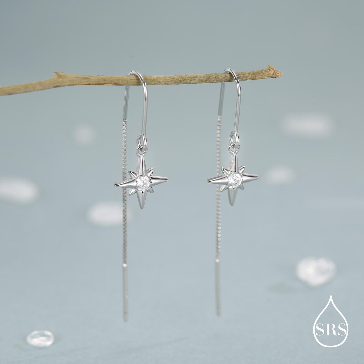 CZ Starburst U Shape Threader Earrings in Sterling Silver