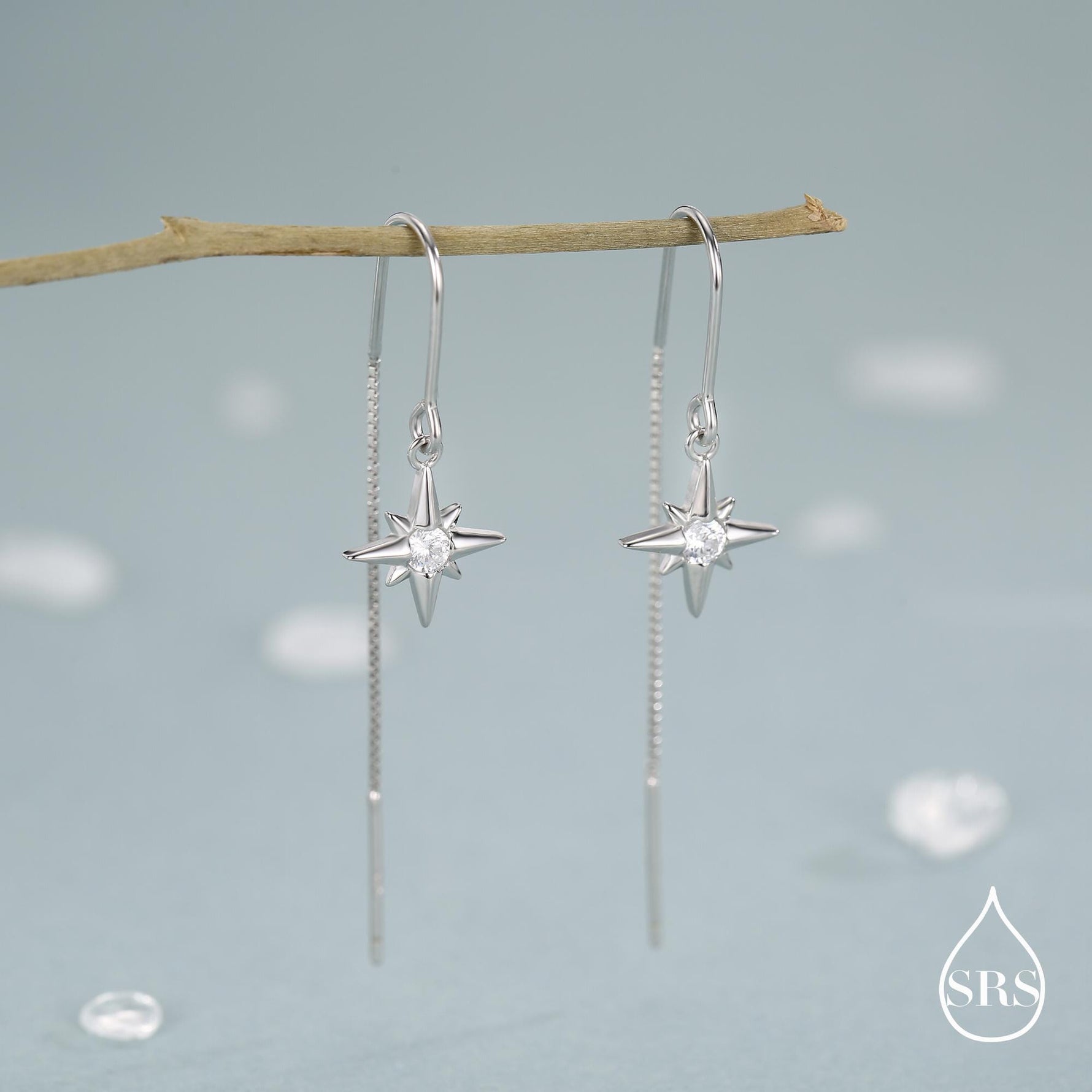 CZ Starburst U Shape Threader Earrings in Sterling Silver