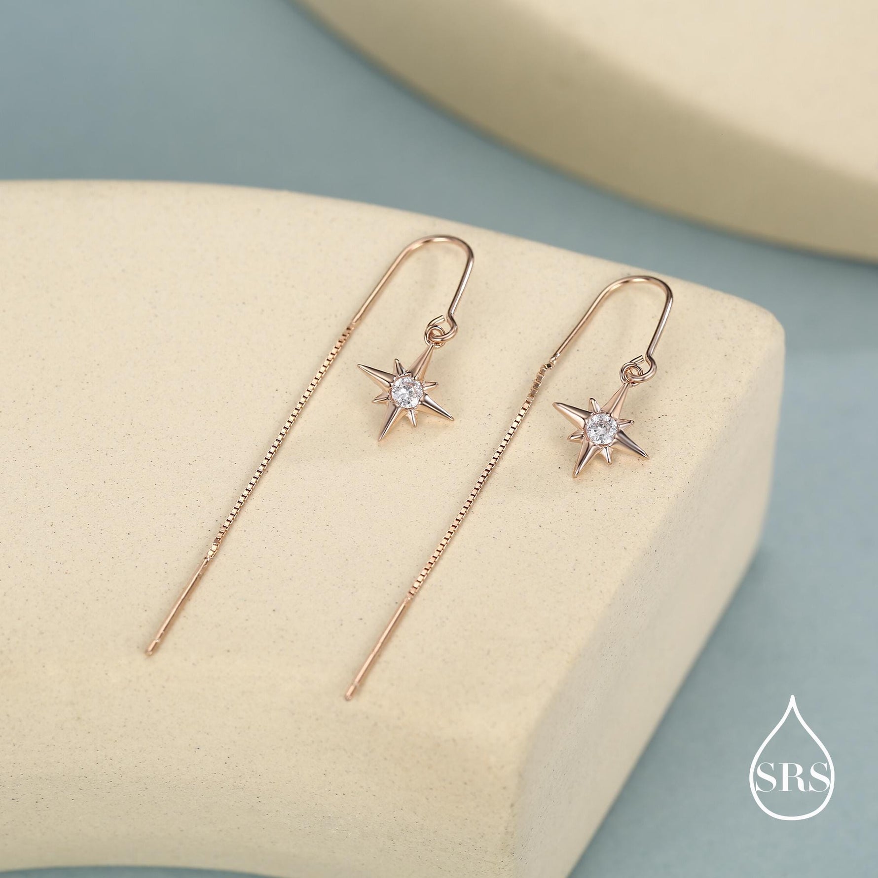 CZ Starburst U Shape Threader Earrings in Sterling Silver