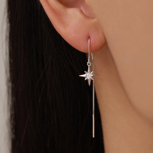 CZ Starburst U Shape Threader Earrings in Sterling Silver