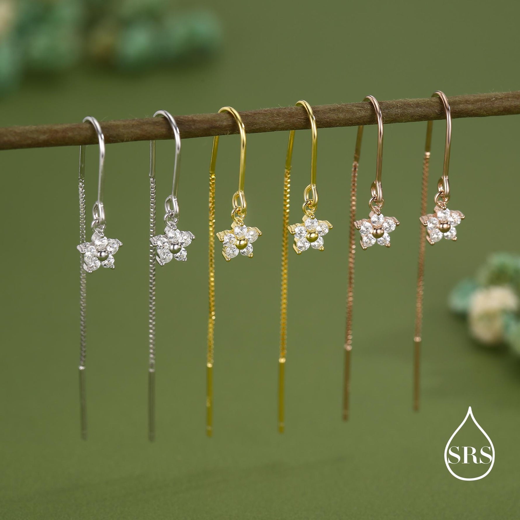 Sterling Silver CZ Flower U Shape Threader Earrings