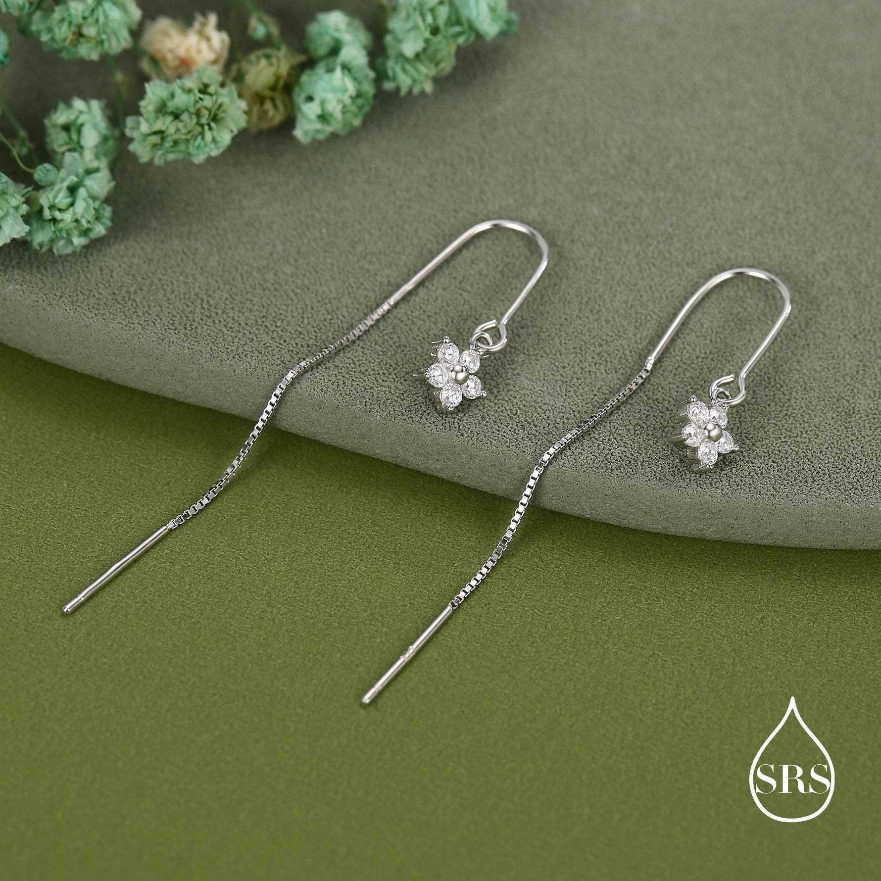 Sterling Silver CZ Flower U Shape Threader Earrings