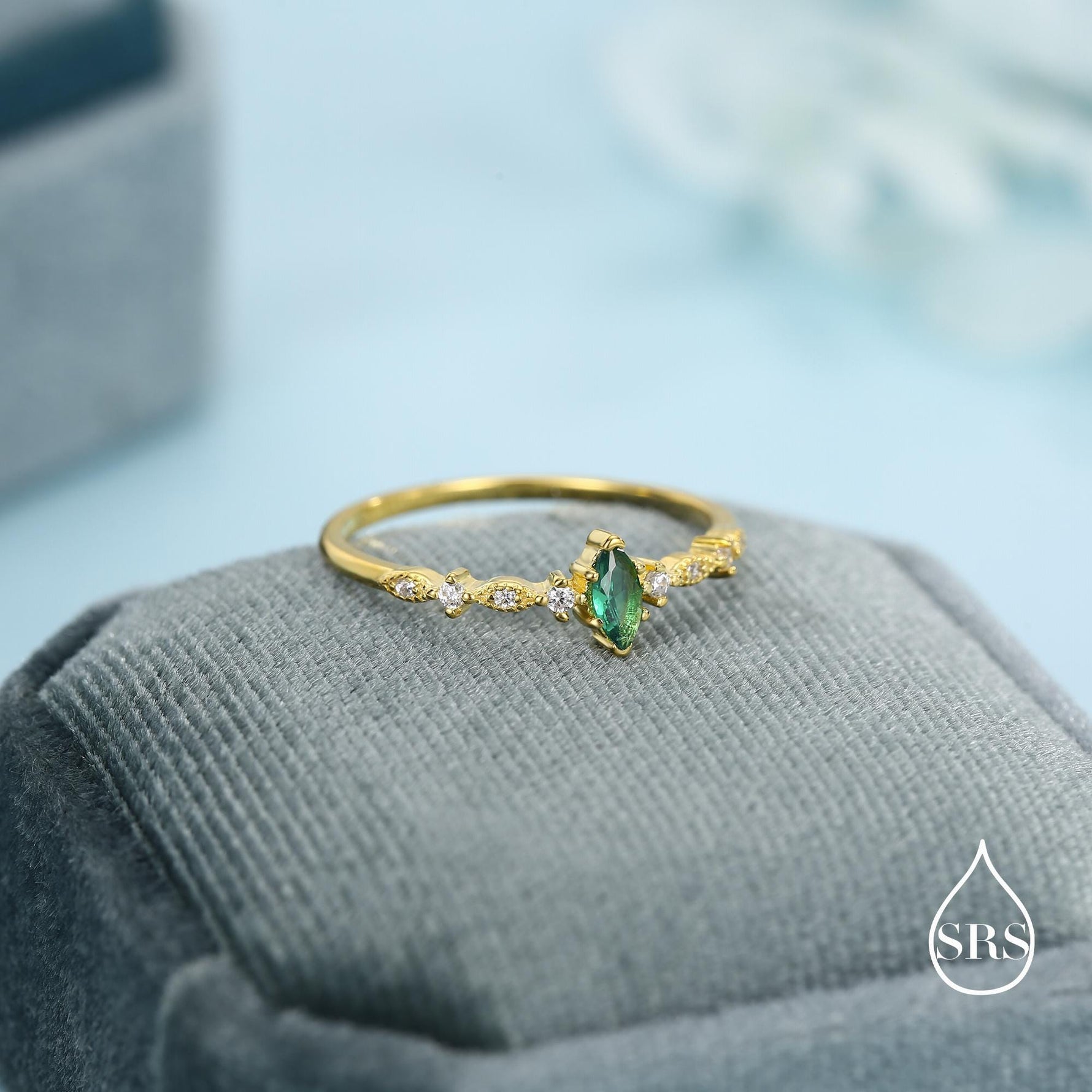 Vintage Inspired Emerald Green CZ Ring in Sterling Silver, Marquise Ring, Delicate Emerald Ring, Size US 5 - 8
