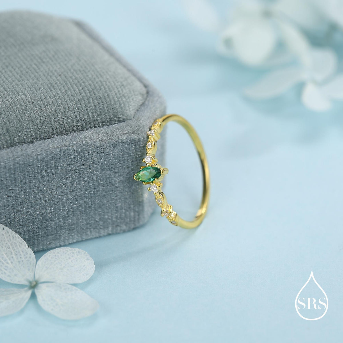 Vintage Inspired Emerald Green CZ Ring in Sterling Silver, Marquise Ring, Delicate Emerald Ring, Size US 5 - 8