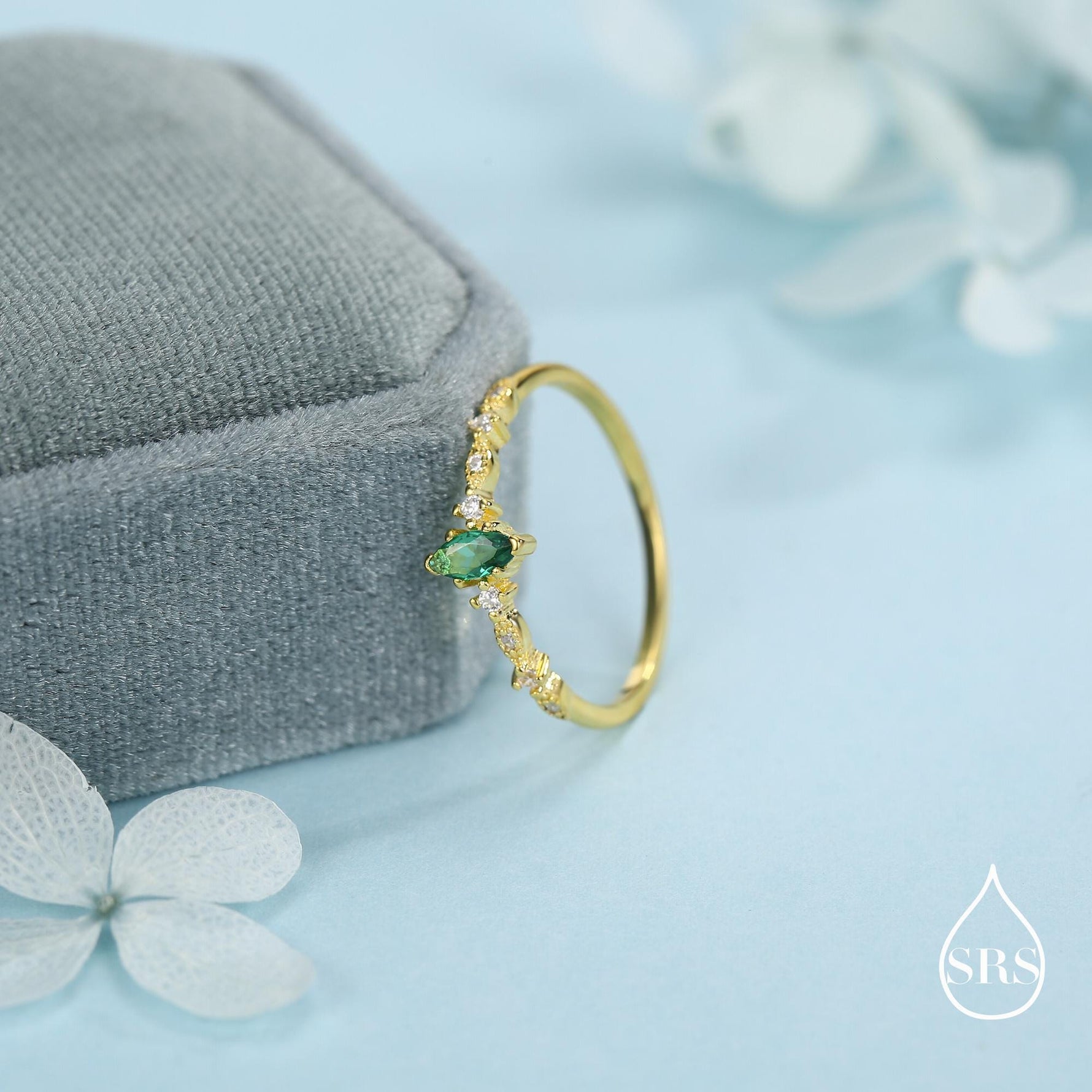 Vintage Inspired Emerald Green CZ Ring in Sterling Silver, Marquise Ring, Delicate Emerald Ring, Size US 5 - 8