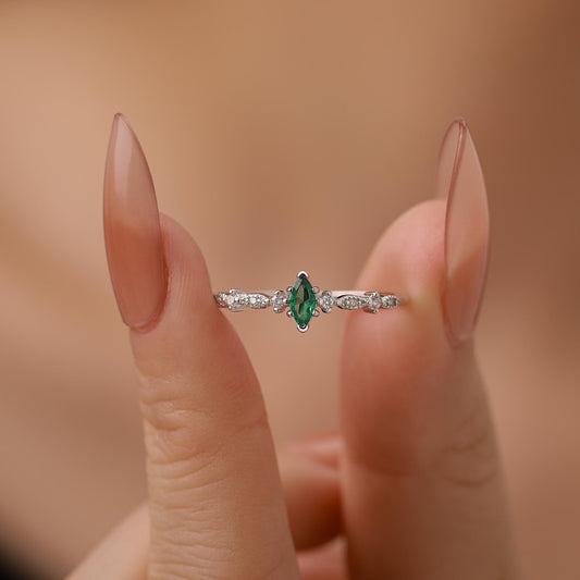 Vintage Inspired Emerald Green CZ Ring in Sterling Silver, Marquise Ring, Delicate Emerald Ring, Size US 5 - 8