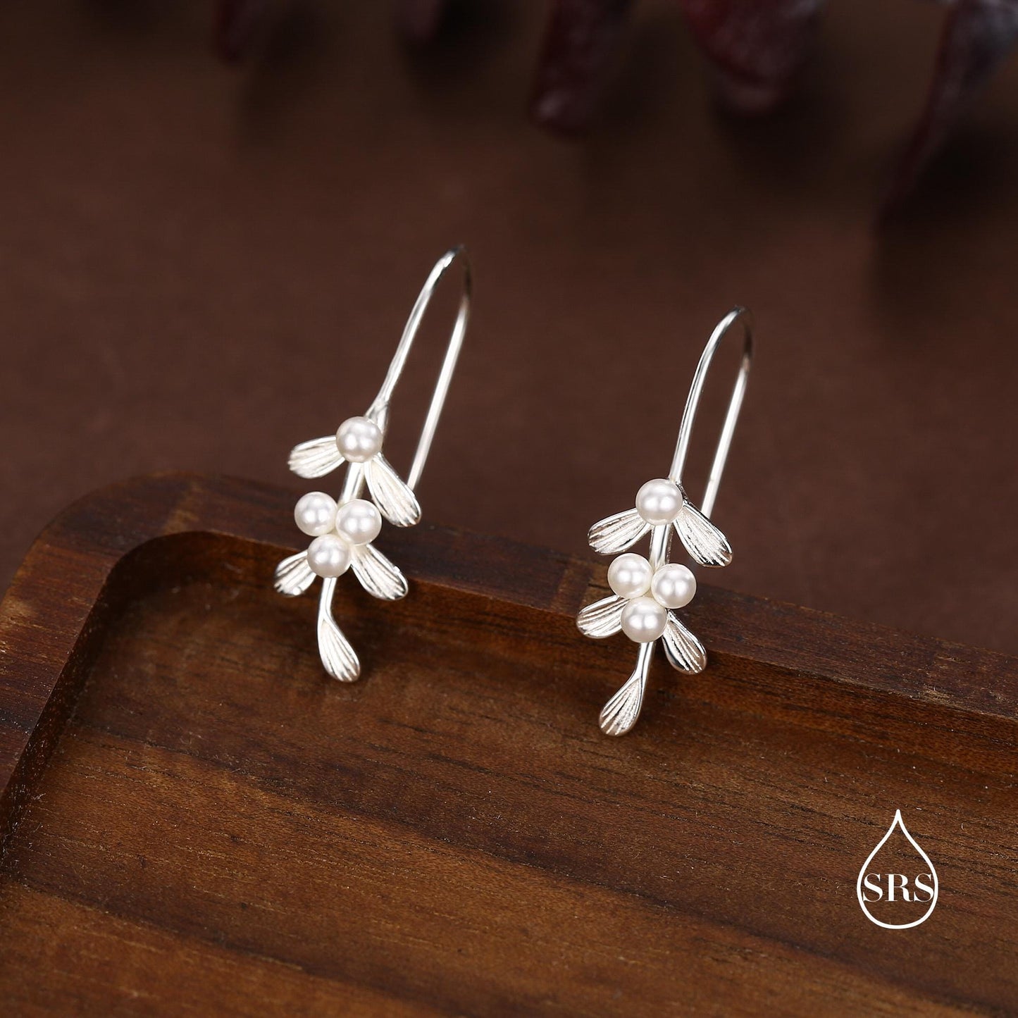 Sterling Silver Pearl Mistletoe Drop Hook Earrings