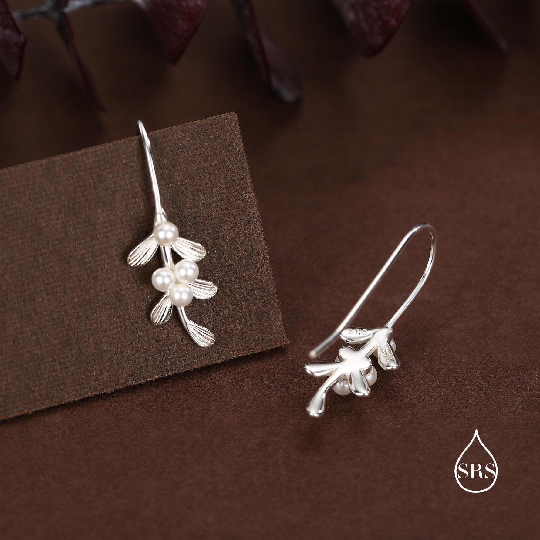Sterling Silver Pearl Mistletoe Drop Hook Earrings