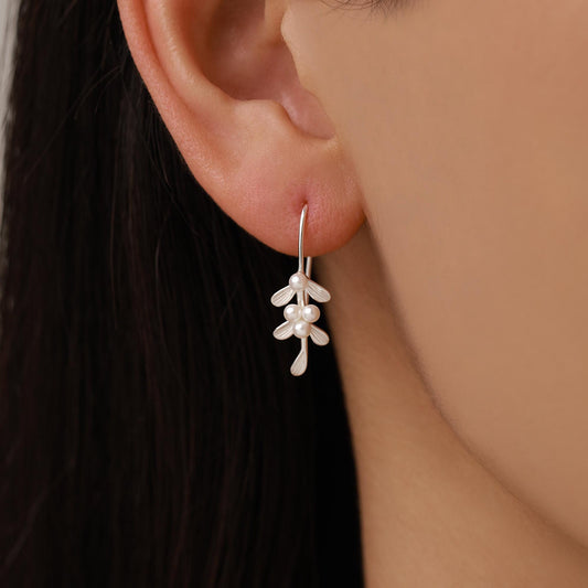Sterling Silver Pearl Mistletoe Drop Hook Earrings