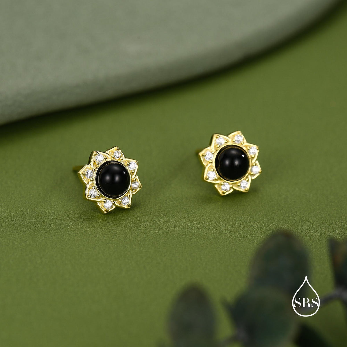 Vintage Inspired Black Onyx Flower CZ Stud Earrings, Black Agate Halo CZ Earrings, Natural Black Onyx Earrings