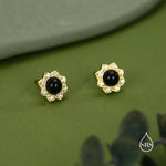 Vintage Inspired Black Onyx Flower CZ Stud Earrings, Black Agate Halo CZ Earrings, Natural Black Onyx Earrings