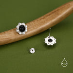 Vintage Inspired Black Onyx Flower CZ Stud Earrings, Black Agate Halo CZ Earrings, Natural Black Onyx Earrings