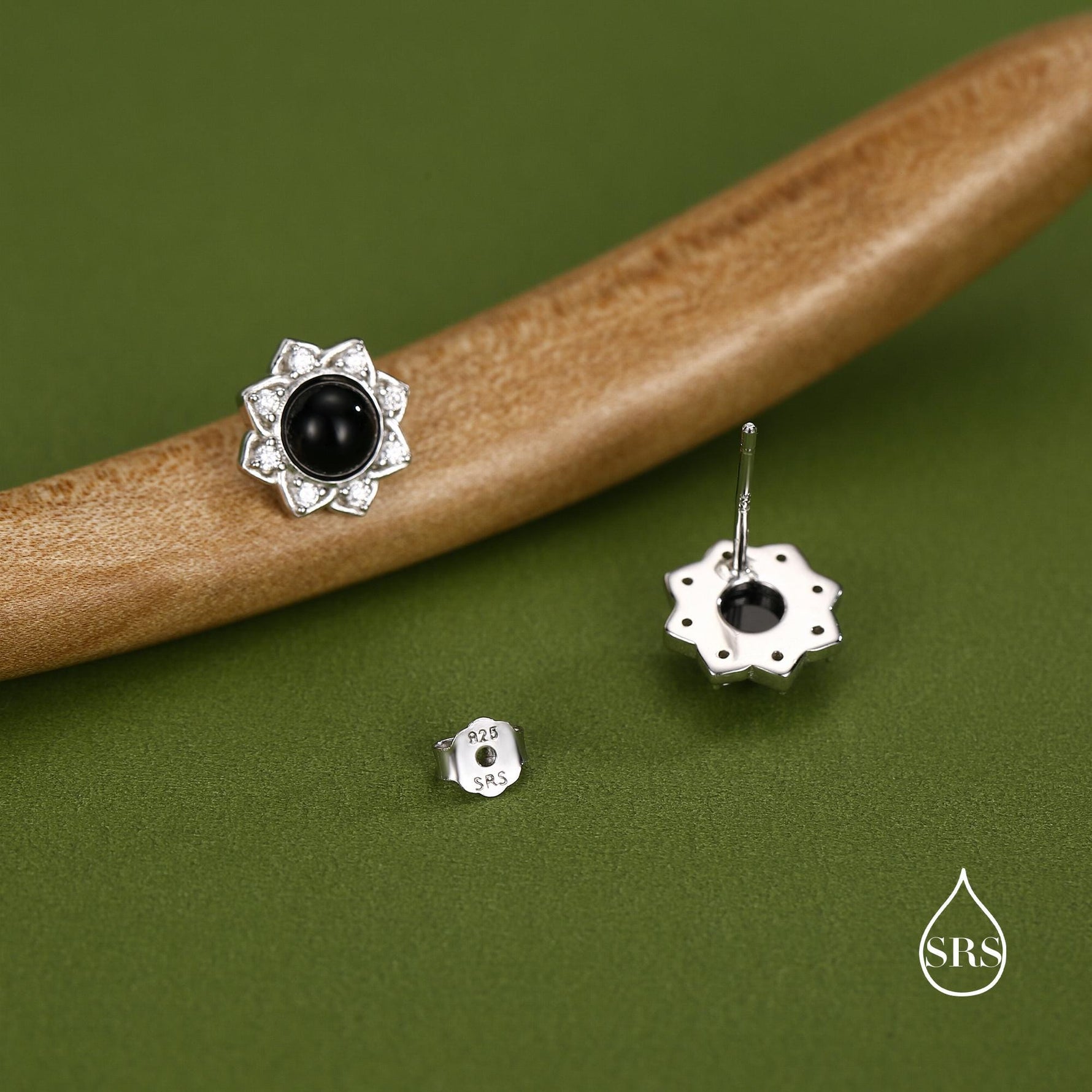 Vintage Inspired Black Onyx Flower CZ Stud Earrings, Black Agate Halo CZ Earrings, Natural Black Onyx Earrings