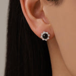 Vintage Inspired Black Onyx Flower CZ Stud Earrings, Black Agate Halo CZ Earrings, Natural Black Onyx Earrings