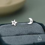 Tiny Moon and Star Mismatched Stud Earrings in Sterling Silver, Silver, Gold or Rose Gold, Small Star Earrings, Celestial Jewellery