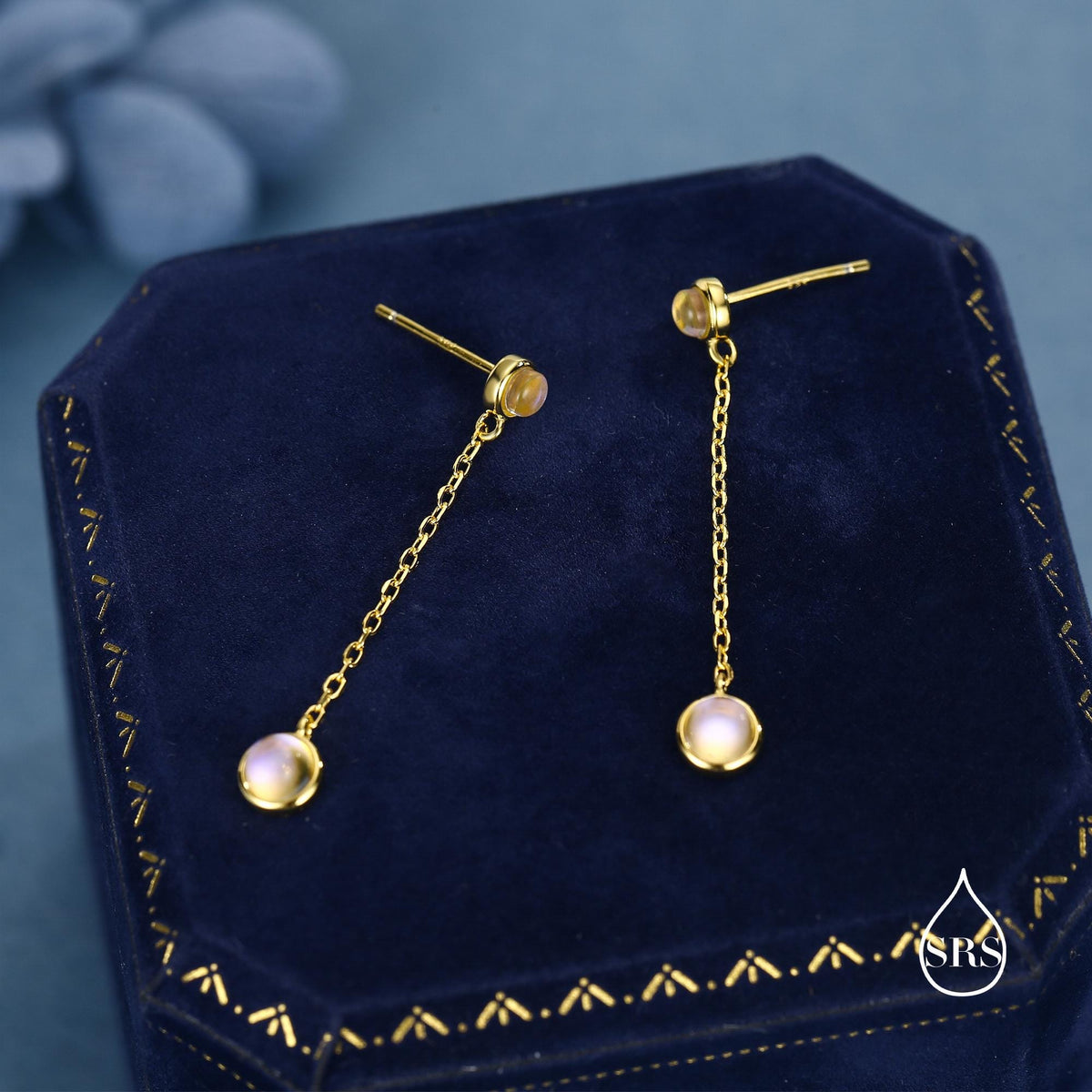 Double Moonstone Dangle Earrings in Sterling Silver, Silver or Gold, Round Lab Moonstone Bezel Earrings, Two Moonstone Earrings