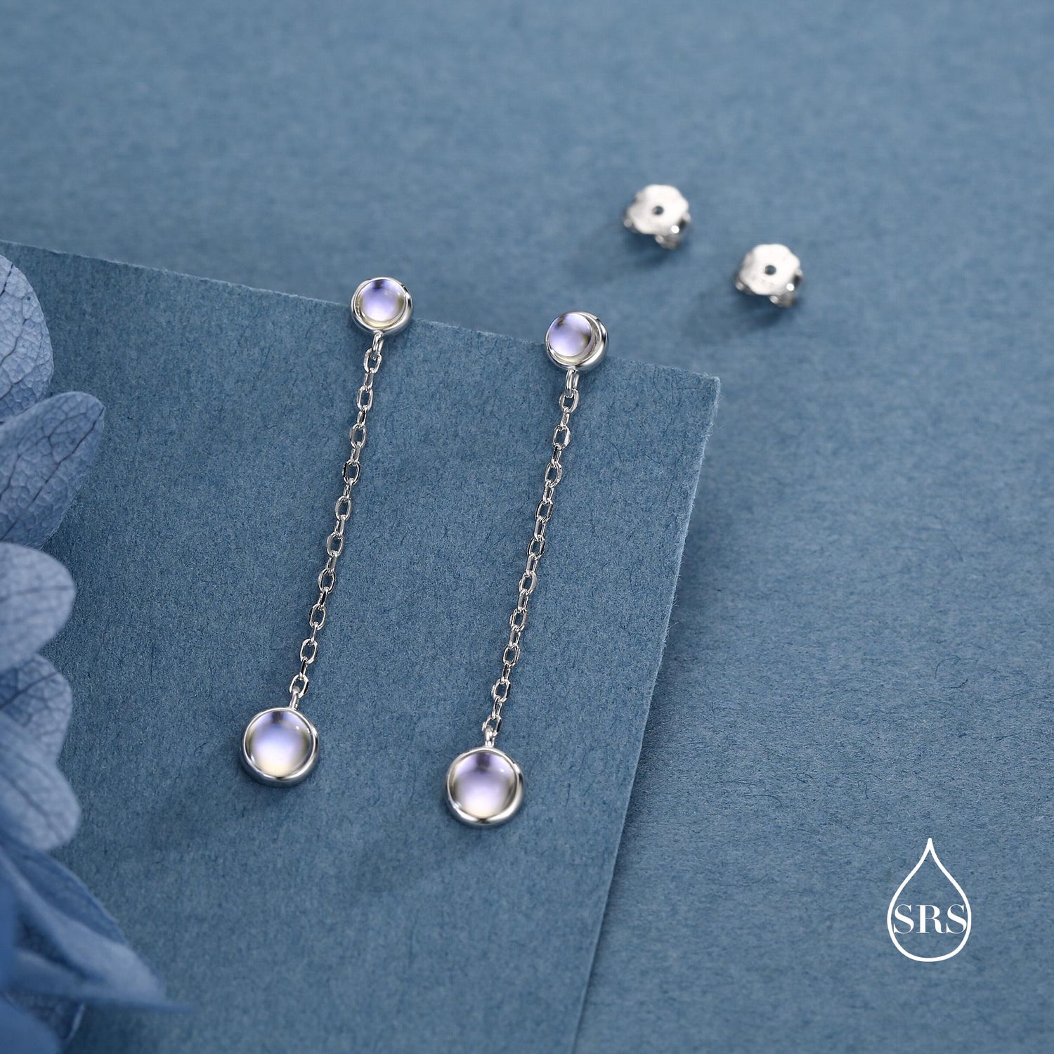 Double Moonstone Dangle Earrings in Sterling Silver, Silver or Gold, Round Lab Moonstone Bezel Earrings, Two Moonstone Earrings