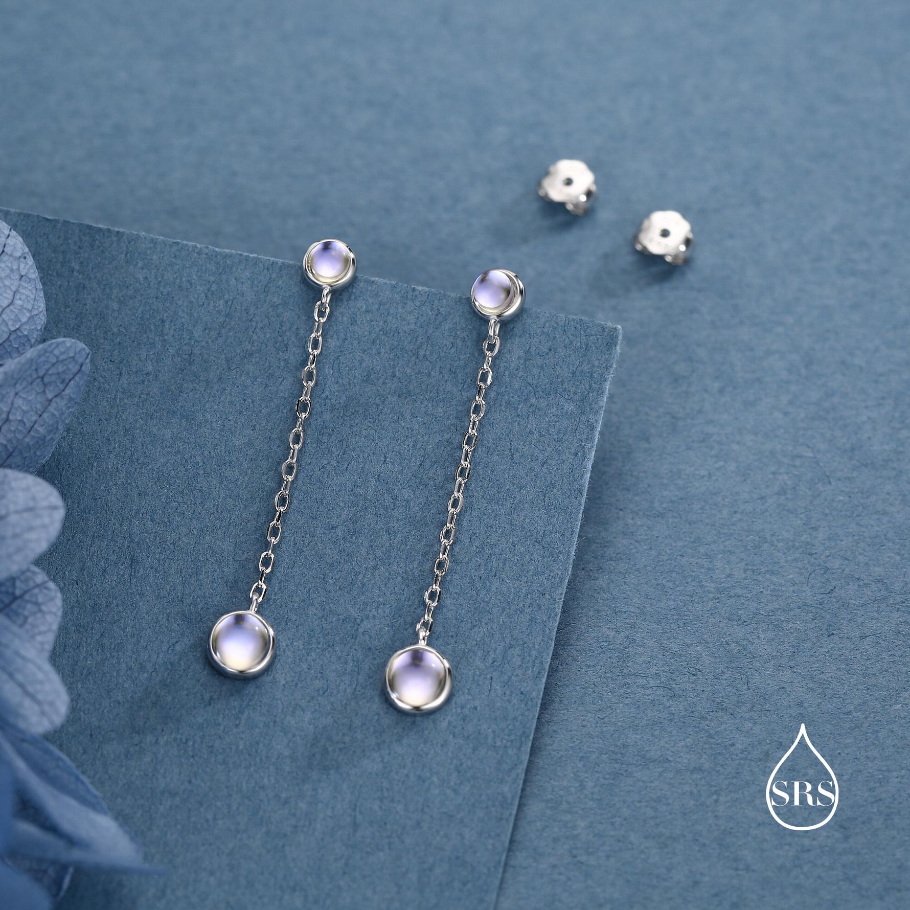 Double Moonstone Dangle Earrings in Sterling Silver, Silver or Gold, Round Lab Moonstone Bezel Earrings, Two Moonstone Earrings