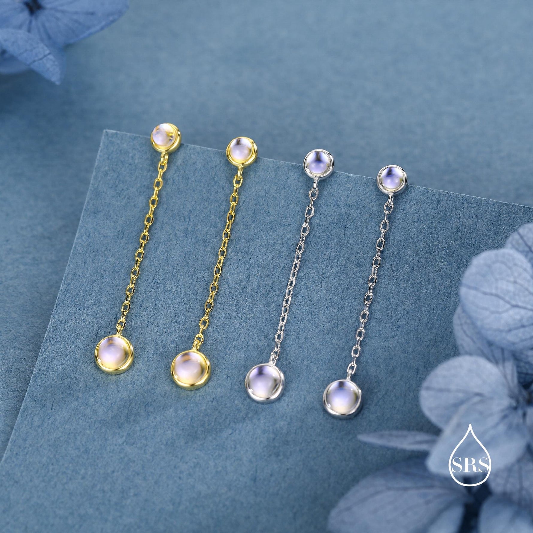 Double Moonstone Dangle Earrings in Sterling Silver, Silver or Gold, Round Lab Moonstone Bezel Earrings, Two Moonstone Earrings