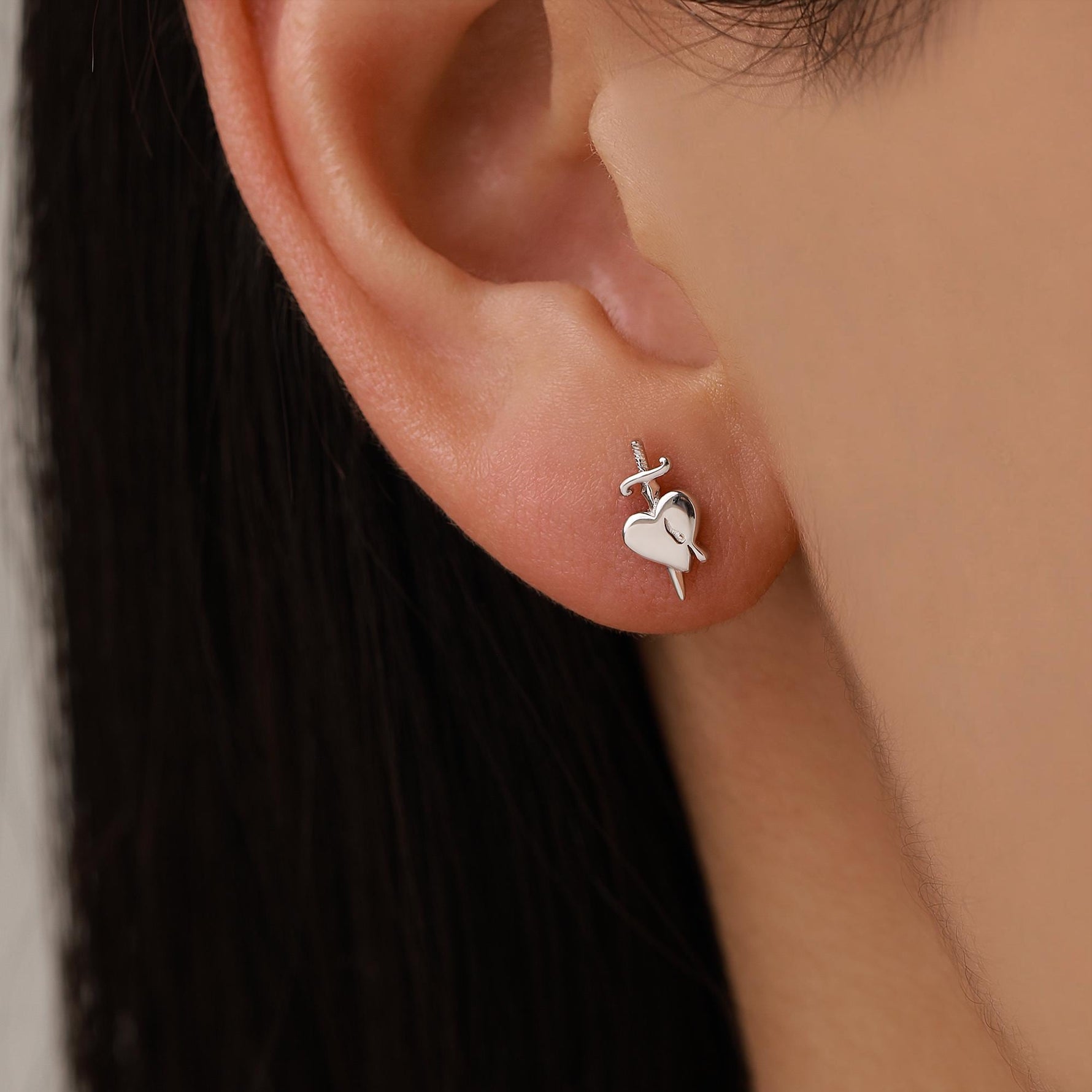 Sterling Silver Dagger Heart Stud Earrings