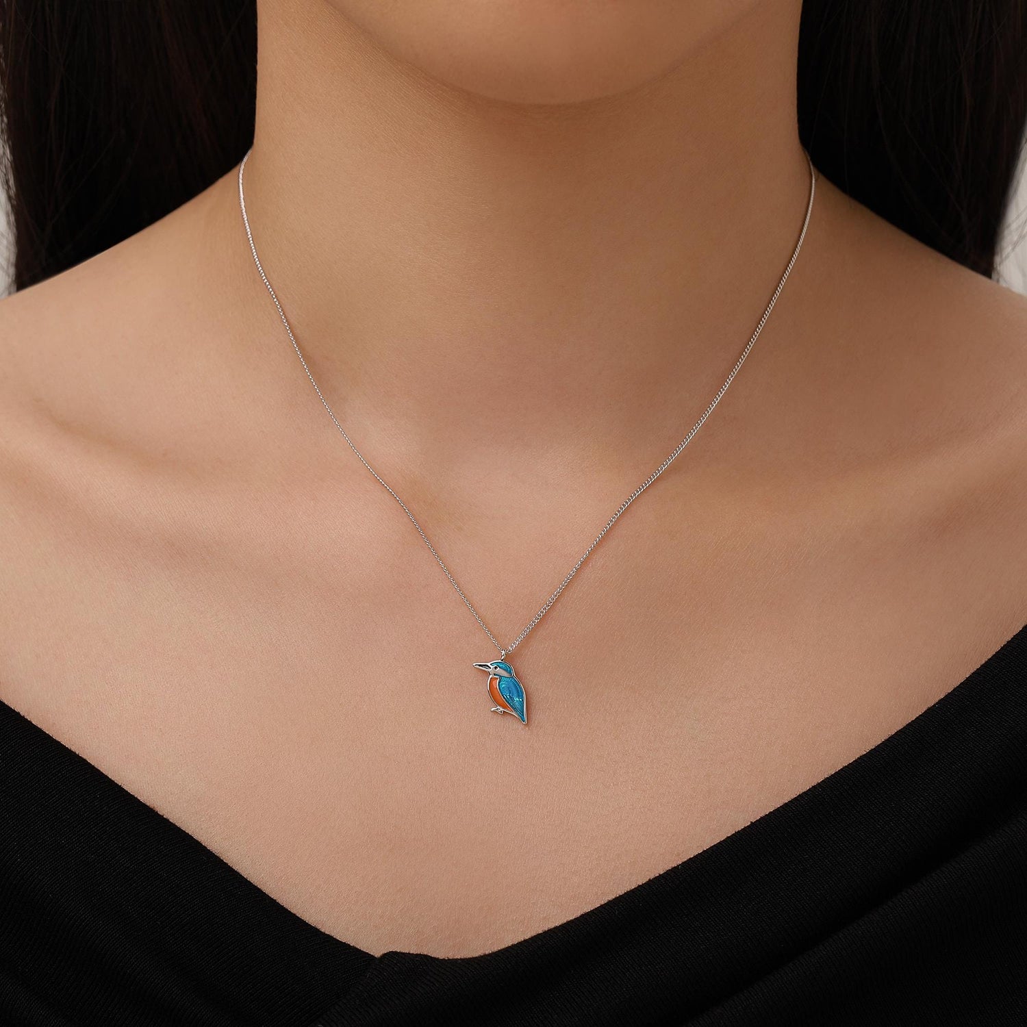 Sterling Silver Enamel Kingfisher Necklace, Bird Necklace