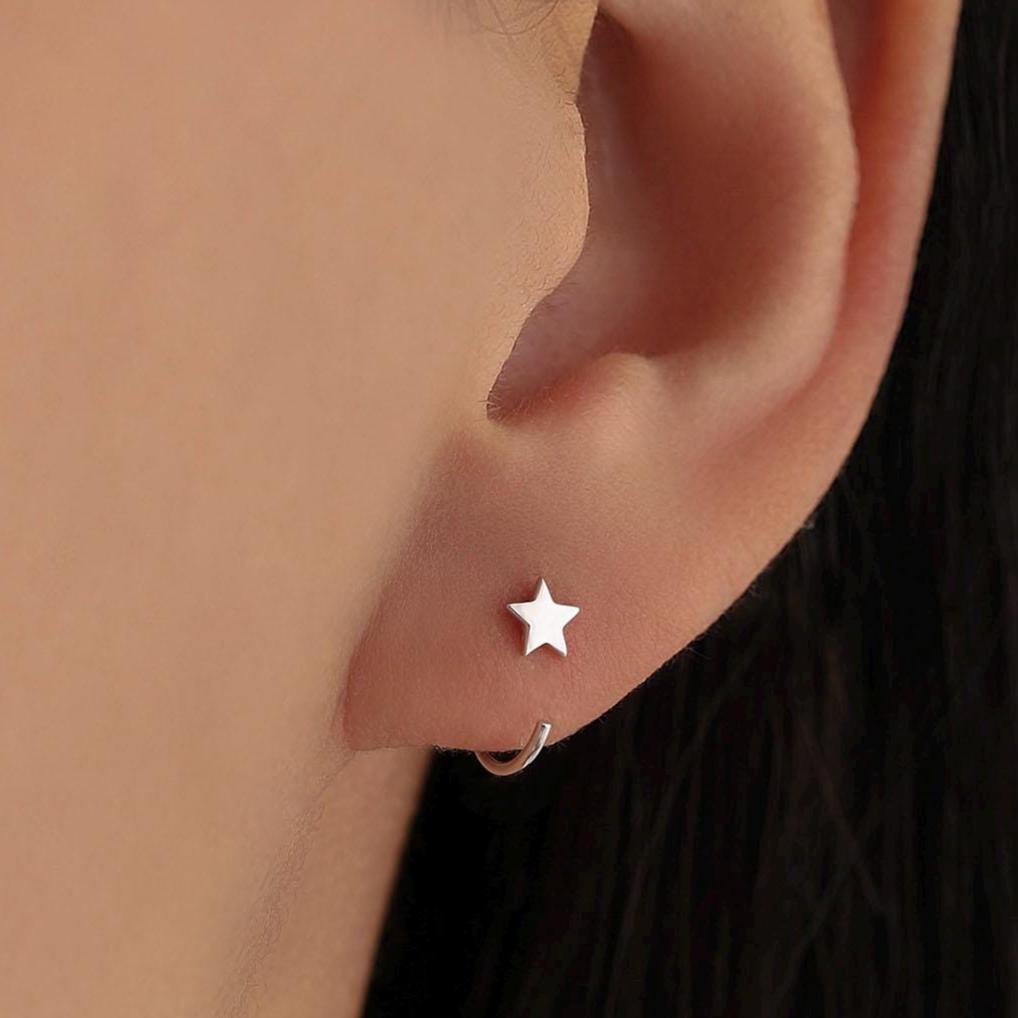 Tiny Star Huggie Hoop Earrings in Sterling Silver, Star Pull Through Earrings, Half Hoop Earrings, Open Hoop, Silver or Gold
