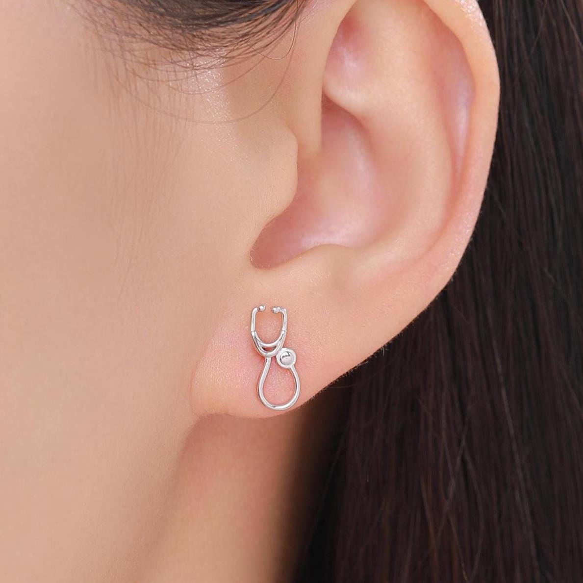Mismatched Stethoscope and Heartbeat Stud Earrings in Sterling Silver, Available in Silver, Gold or Rose Gold Finish