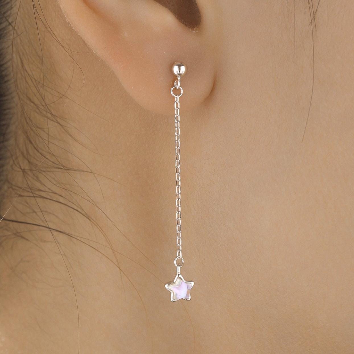 Asymmetric Tiny Moonstone Star Dangle Stud Earrings in Sterling Silver, Silver or Gold or Rose Gold, Aurora Star Earrings, Sunburst Earrings