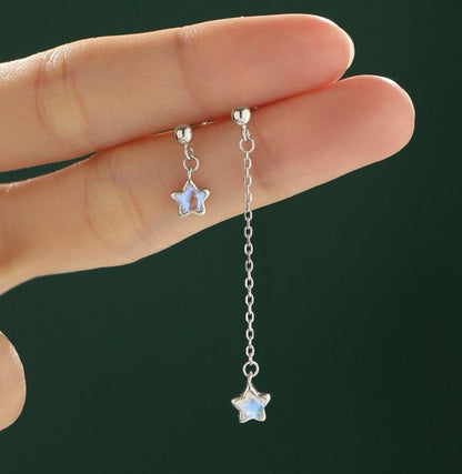 Asymmetric Tiny Moonstone Star Dangle Stud Earrings in Sterling Silver, Silver or Gold or Rose Gold, Aurora Star Earrings, Sunburst Earrings