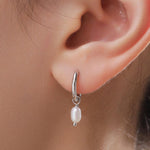 Genuine Oval Pearl with Skinny Hoop Earrings in Sterling Silver, Detachable Freshwater Pearl Hoop Earrings, Natural Pearl Huggie Hoops