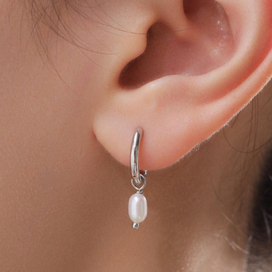 Genuine Oval Pearl with Skinny Hoop Earrings in Sterling Silver, Detachable Freshwater Pearl Hoop Earrings, Natural Pearl Huggie Hoops