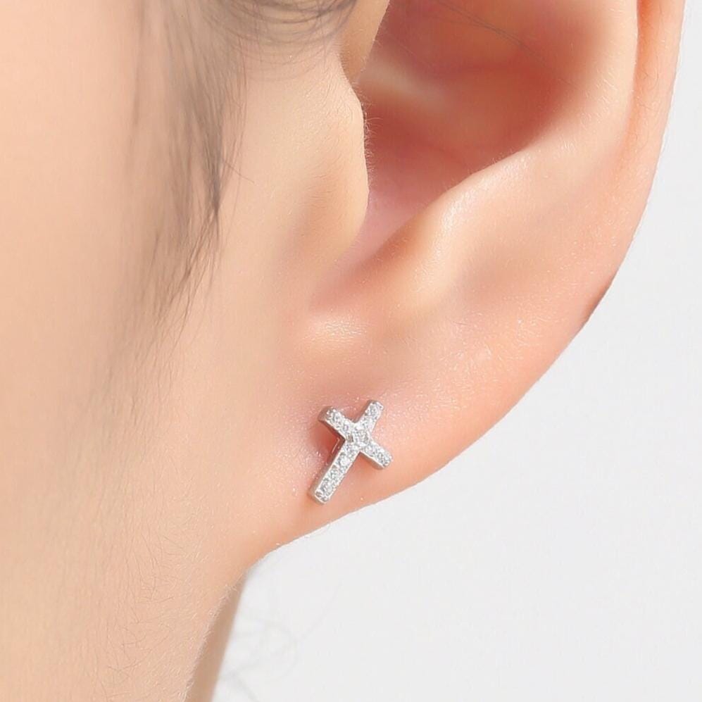 Small Cross Stud Earrings in Sterling Silver with CZ crystals, in Silver or Gold or Rose Gold, Crystal Pave Cross Earrings, Tiny Cross Stud