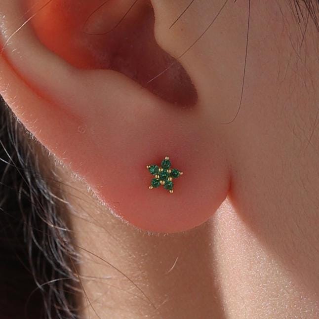 Emerald Green Flower CZ Screw Back Earrings in Sterling Silver, Forget Me Not Floral CZ Earrings, Silver or Gold, Flower CZ Earrings